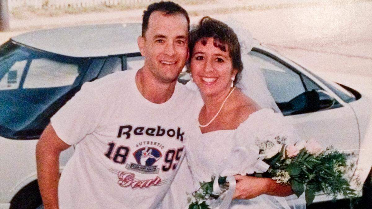 Tom Hanks with bride Mary Dunning Chapman immediately prior to her wedding in Beaufort, SC, 25 years ago in iconic moment captured by  Fridrik Tiedemann Photography.