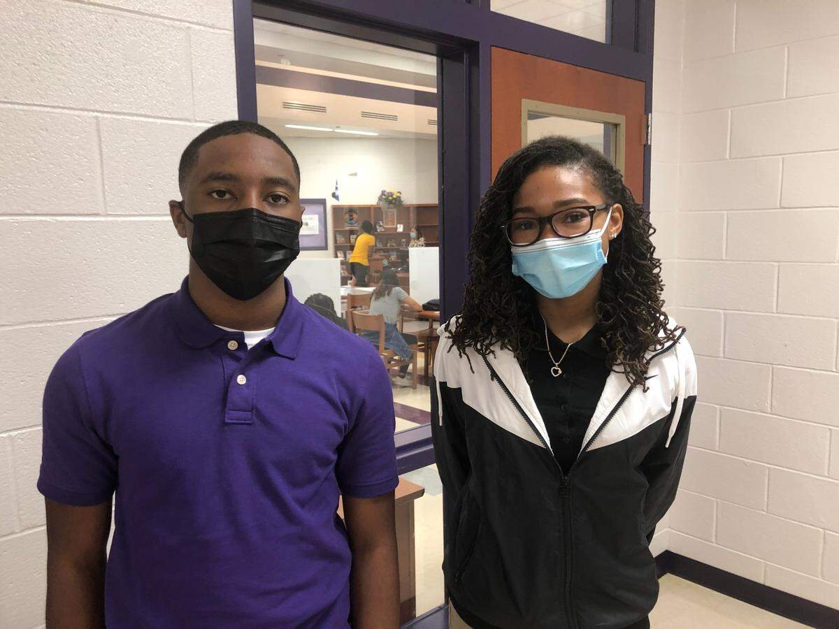 On Monday, Whale Branch Early College High School freshman Alonzo Allen (left) and senior Kaylyn Caldwell were both returning to in-person classes for the first time since the start of the pandemic.