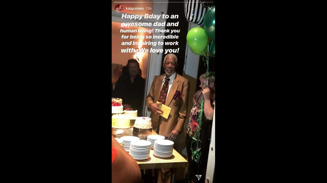 A photo was posted on Instagram stories by actress Kat Graham appears to show a birthday party for Morgan Freeman on the set of "The Poison Rose." Graham plays Freeman's daughter in the movie being filmed in Savannah.