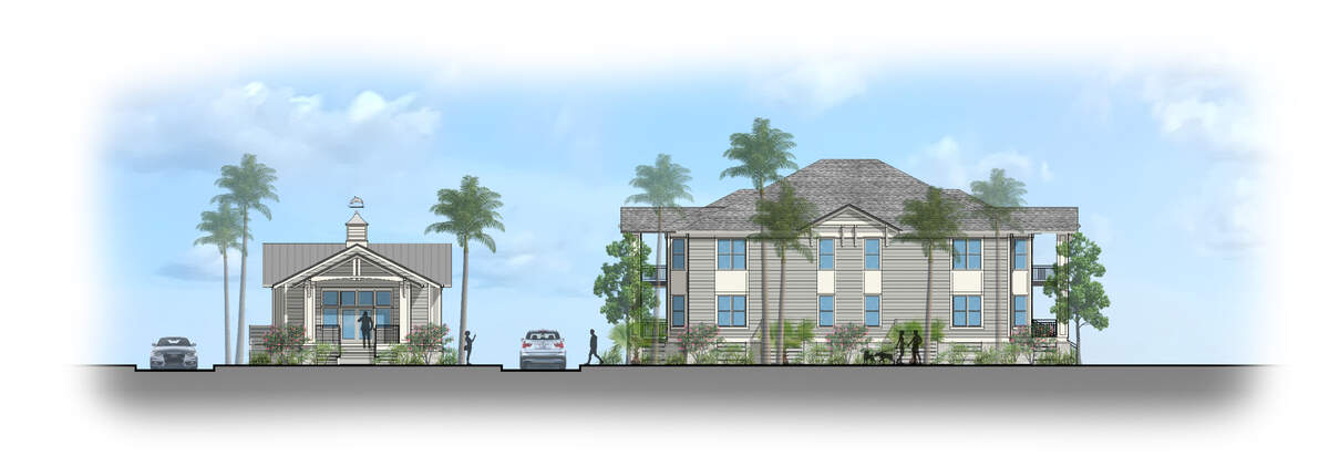 Witmer Jones Keefer’s design for Palmetto Bay Lodges envisions a clubhouse, 16-unit residential building and activity lawn.