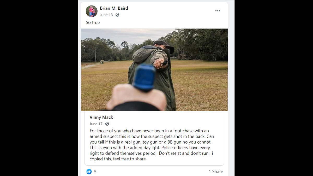 A public post on Beaufort County Sheriff’s Office Lt. Brian Baird’s Facebook page on June 18.