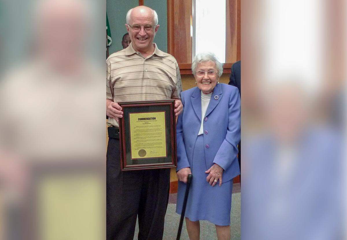 Lois Richardson with then Hilton Head Island Mayor Drew Laughlin when she was honored by town council in 2014.
