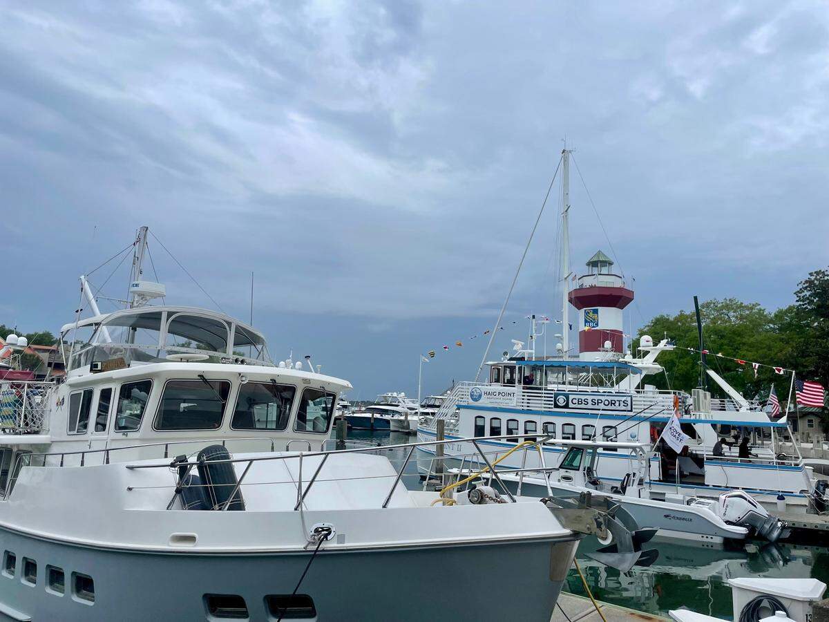 Harbour Town Yacht Basin seemed full during the 2023 RBC Heritage Presented by Boeing. The Harbour Town Lighthouse can also be seen in the background on this cloudy day.