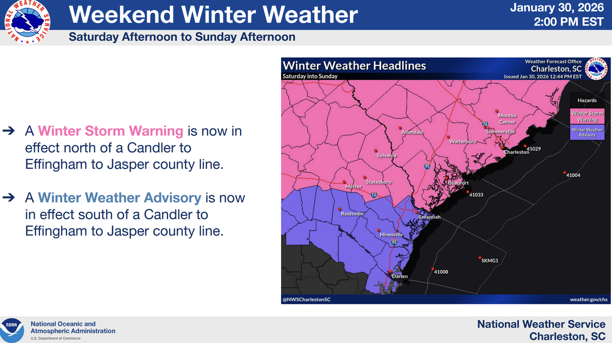 A winter storm warning has been issued for the entire South Carolina Lowcountry as a rare winter weather event is expected to bring accumulating snow, dangerous travel conditions and extreme cold this weekend into early next week.