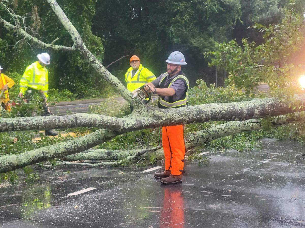 Beaufort Public Works employees cut up trees on Robert Smalls Parkway Wednesday.