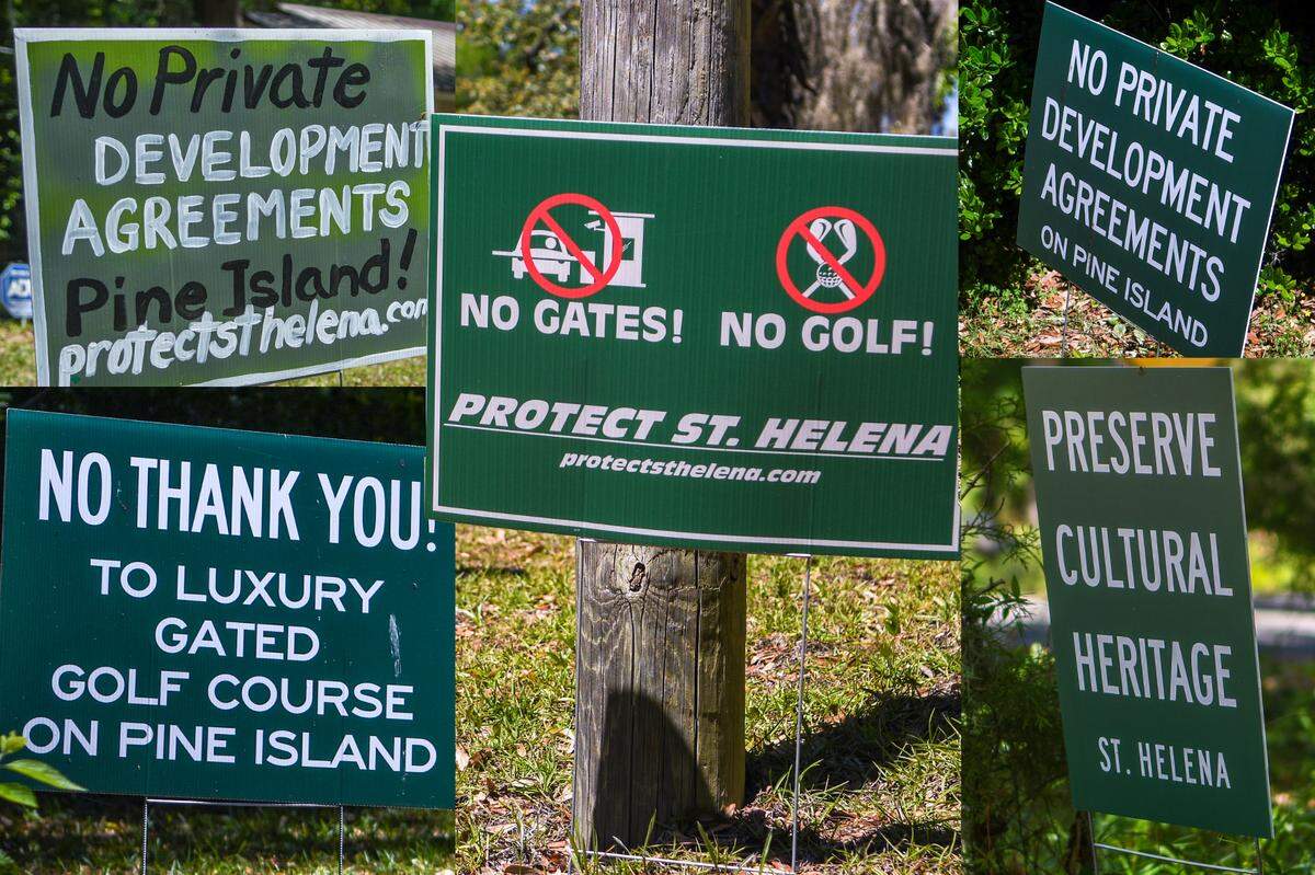 In this photo montage of yard signs denouncing the proposed development of Pine Island into a gated, golf course community in these photo taken on April 12, 2023 on St. Helena Island.