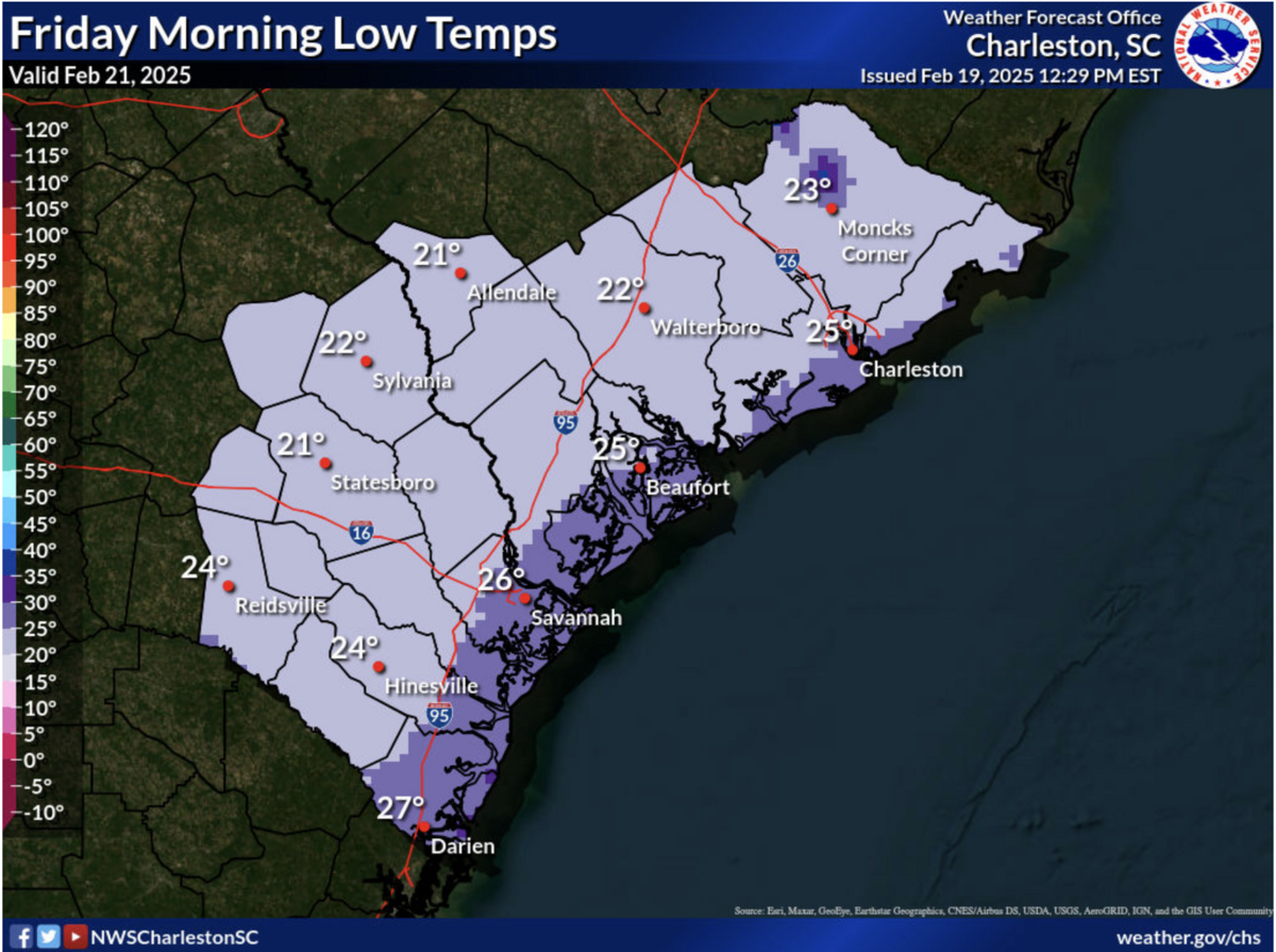 Temperatures could reach lows of 25 degrees Fahrenheit in the Hilton Head Island area the morning of Friday, Feb. 21, 2025, as a cold front moves through the Southeast. Two churches in Beaufort County will open their doors as cold weather shelters Thursday evening.