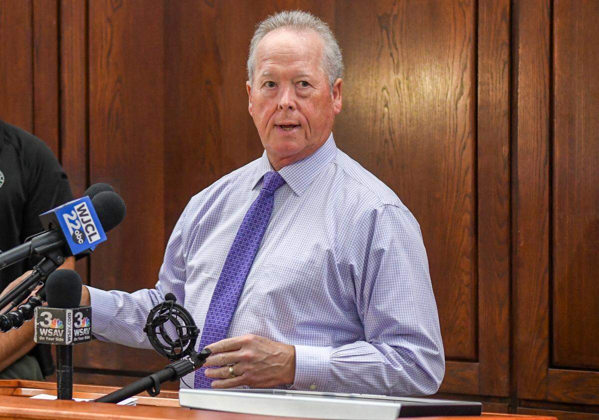 Beaufort County Sheriff PJ Tanner speaks to reporters at a press conference inside the department’s headquarters on Aug. 27, 2024. Tanner sent a letter to the Department of Homeland Security in February 2025 to request a 287(g) task force within his department, which gives deputies the ability to enforce federal immigration laws while working with Immigration and Customs Enforcement.