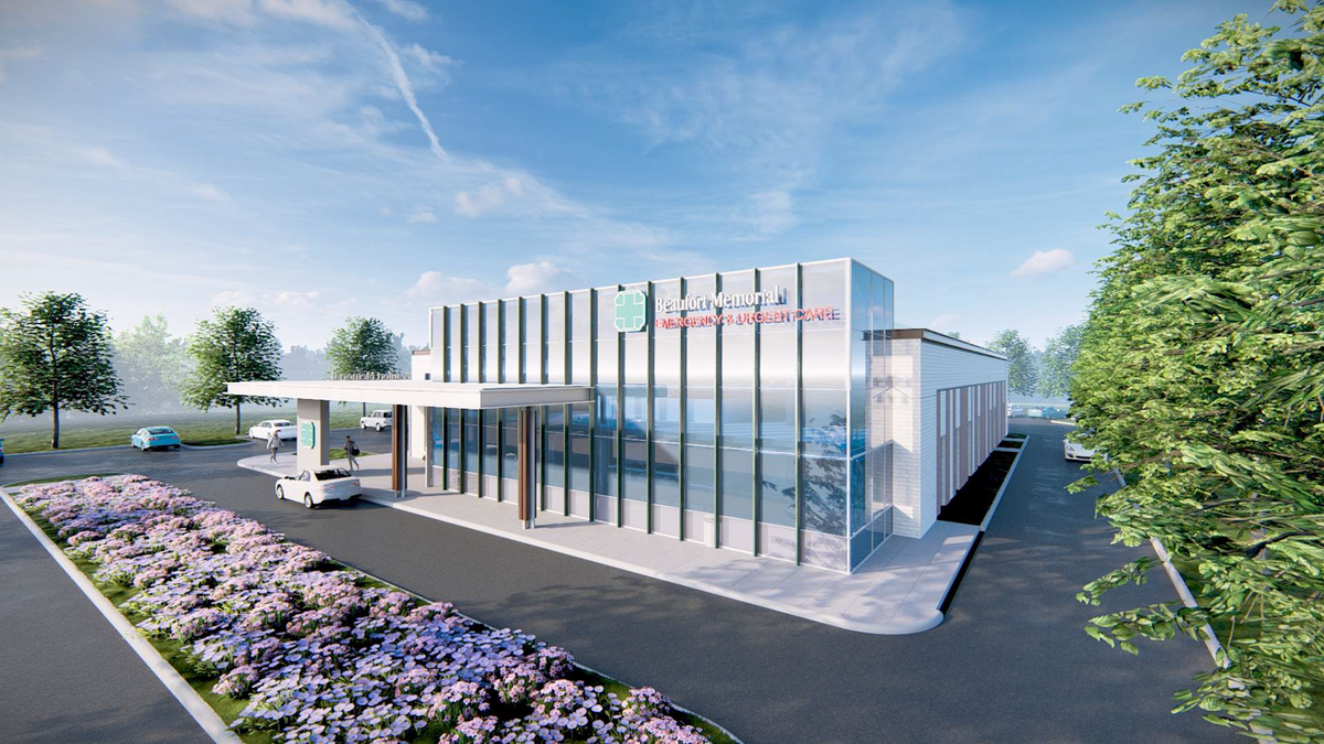 The initial proposed architectural rendering of the Beaufort Memorial emergency and urgent care facility on Hilton Head Island, one of the first hybrid facilities of its kind in the state.