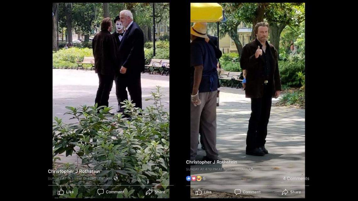 John Travolta is seen filming "The Poison Rose" in Forsyth Park in Savannah, Georgia, on June 17, 2018.