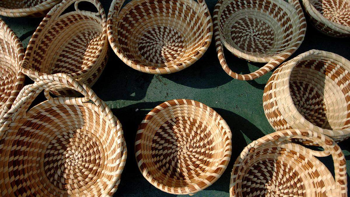 Sweetgrass baskets woven by Jery Bennett-Taylor line the porch in front of the Gullah Grub restaurant on St. Helena Island.