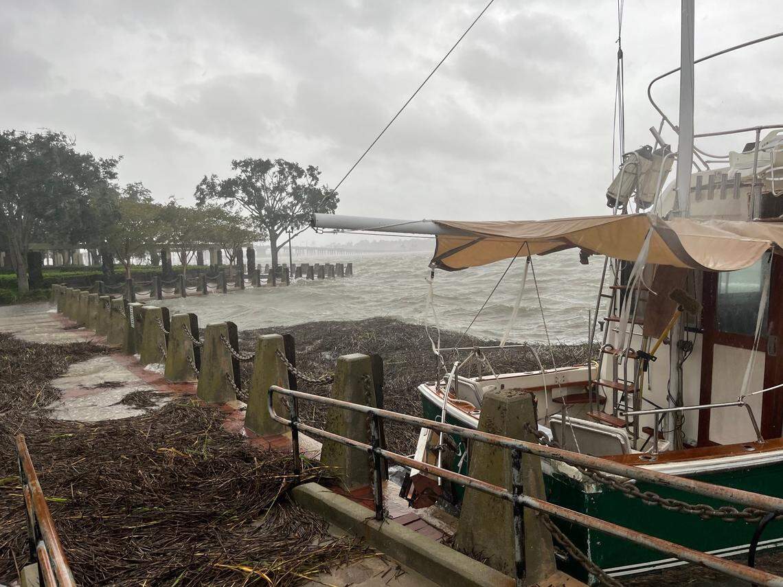 Debris across Beaufort’s Henry C. Chambers Waterfront Park on Friday morning, Sept. 27, 2024, after Helene blew through Beaufort County, South Carolina.