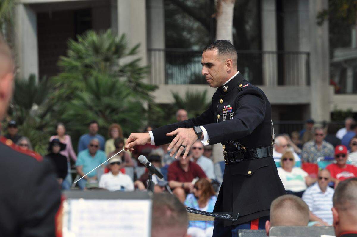 The Parris Island Marine Band, under the direction of Mark Pellon, performs on Bay Street in Beaufort. “You Were There,” an original composition by the band, has been nominated for a regional EMMY award. The piece pays tribute to first responders and their work in the COVID-19 pandemic.