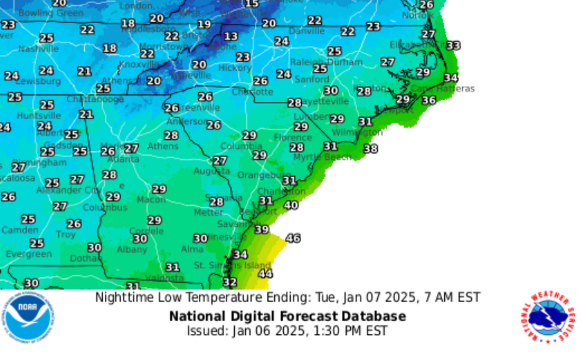 Low temperatures in Beaufort County are forecast in the low 30s this week as a nationwide cold front enters the southeast United States. With wind gusts up to 30 mph, feels-like temperatures near Hilton Head Island could plummet into the low 20s in the early mornings.