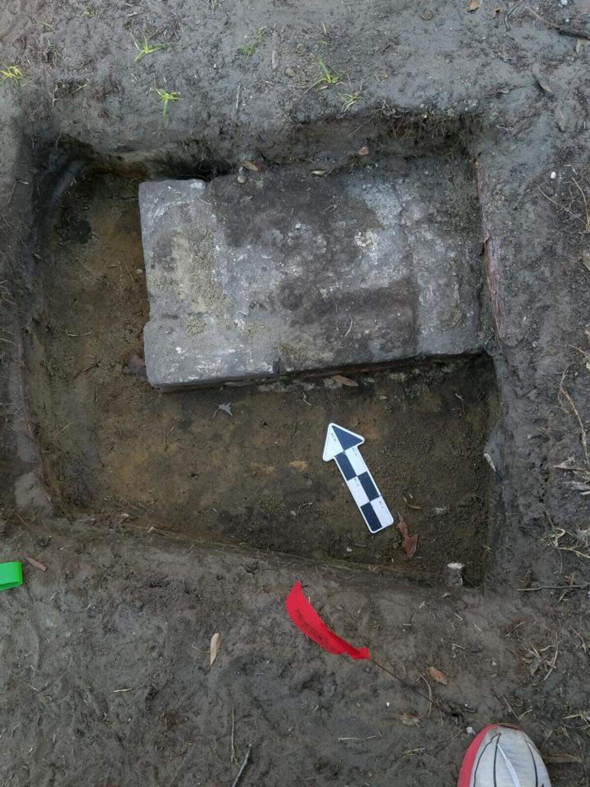 A structural column discovered by archaeologists and volunteers at the Wright Family Park property.