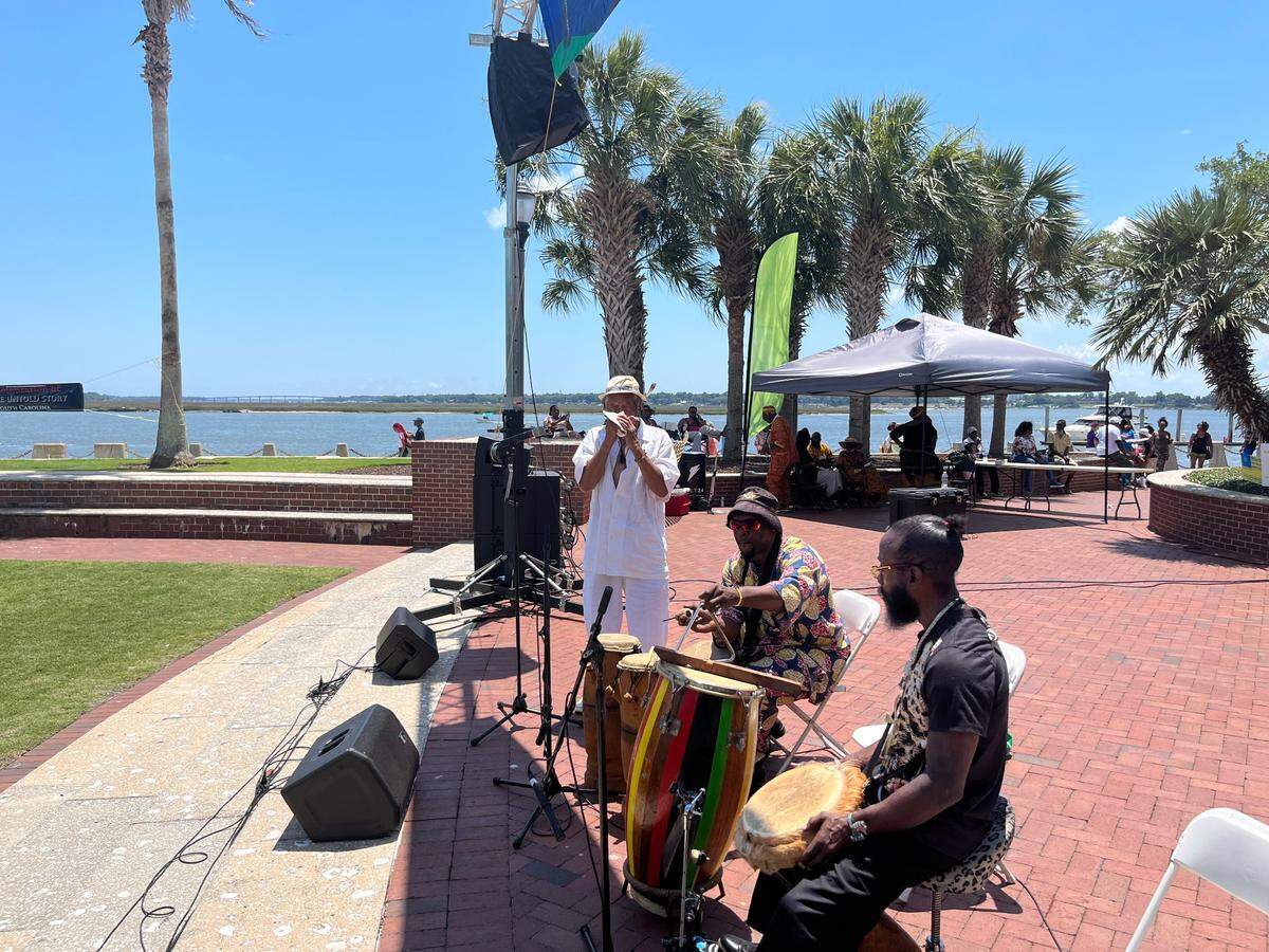 From left to right, Thomas Mosley of Columbia, Willie Bleach of St. Helena and Kevin Young of Estill perform the drum call Sunday at Waterfront Park in Beaufort during the Original Gullah Festival in 2022. The 2023 festival is this weekend.