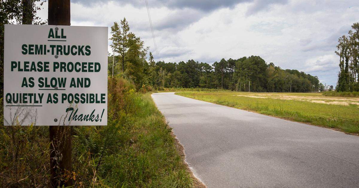 A sign located along Nimmer Turf Road notifies truck drivers to be cautious of their noise as seen on Sept. 24, 2020 in Ridgeland, S.C. Both Nimmer Turf Farm and Jasper Pellets are tucked more than half a mile off Timmer Road. Environmental groups claim Jasper Pellets has been converting wood chips into pellets without having federal and state permits.