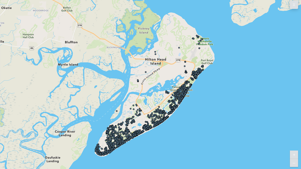 A map showing the location of active short term rentals on Hilton Head Island.