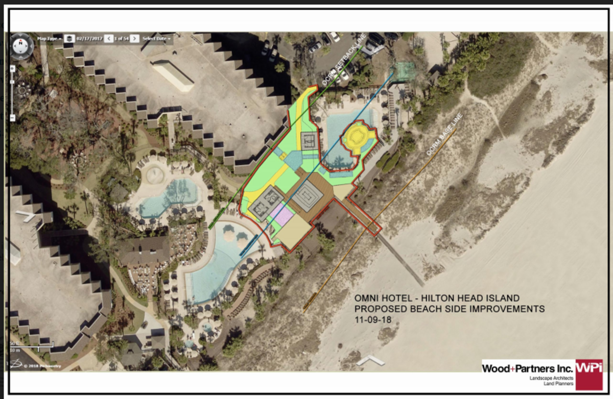 The preliminary drawings of the Omni Hilton Head Oceanfront Resort pool area expansion. The project will add a dune crossover, second pool bar and spa.