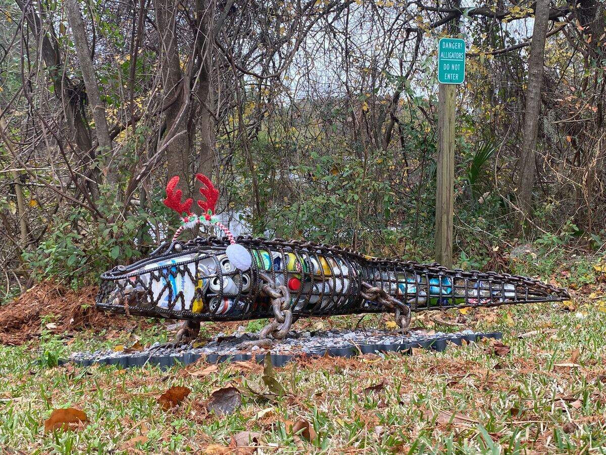 The alligator sculpture at the Cypress Wetlands in Port Royal sports a holiday hat.