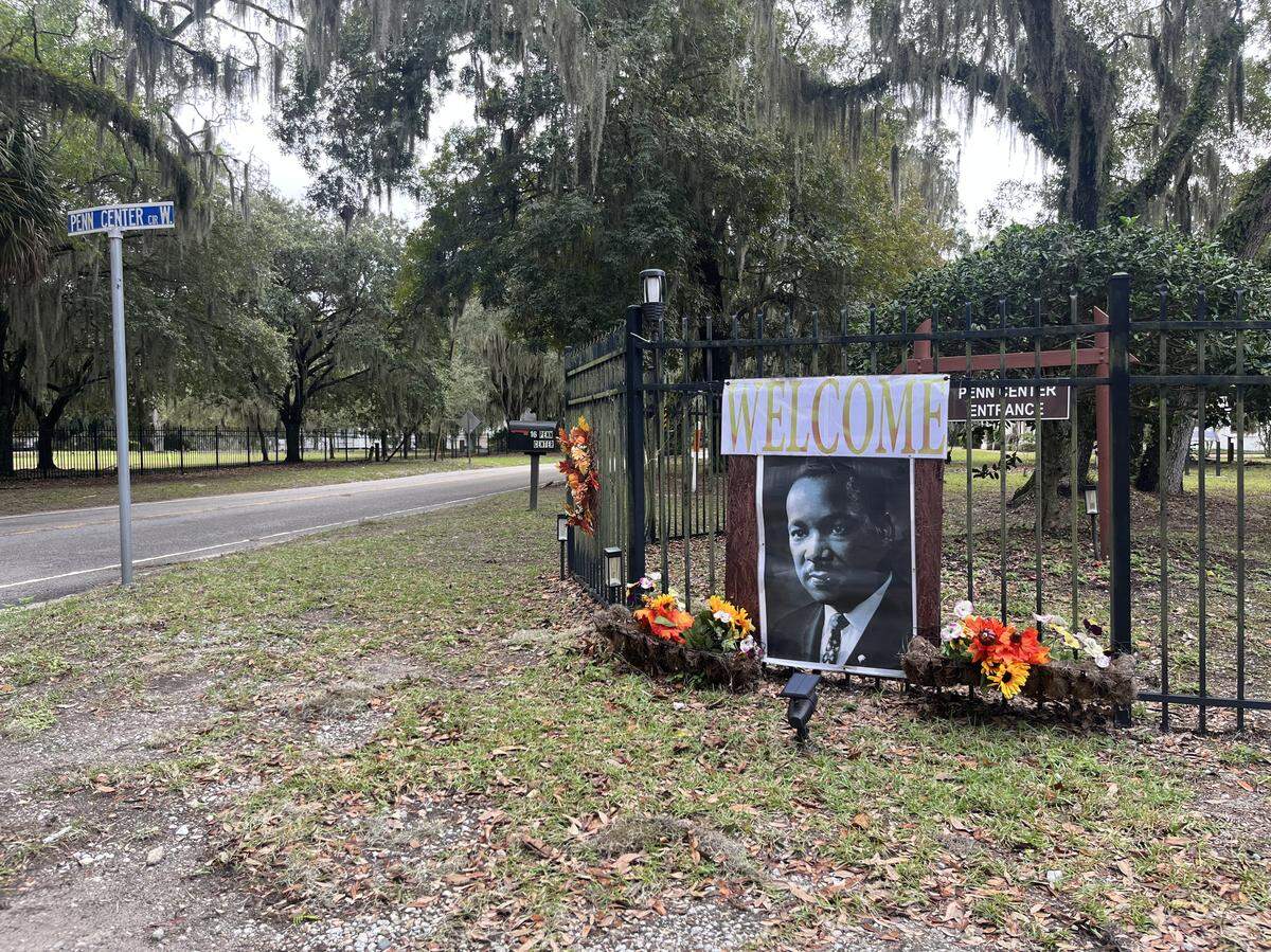 A large photograph of Martin Luther King Jr. greets visitors to Penn Center on St. Helena Island. The civil rights leader and proponent of non-violence visited Penn Center several times between 1965 and 1967.