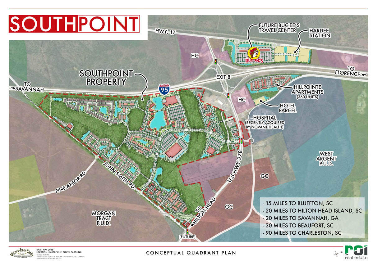 Rendered map of the development off of I-95 at Exit 8 in Hardeeville, SC, as of May 2025 from ROI Consultants