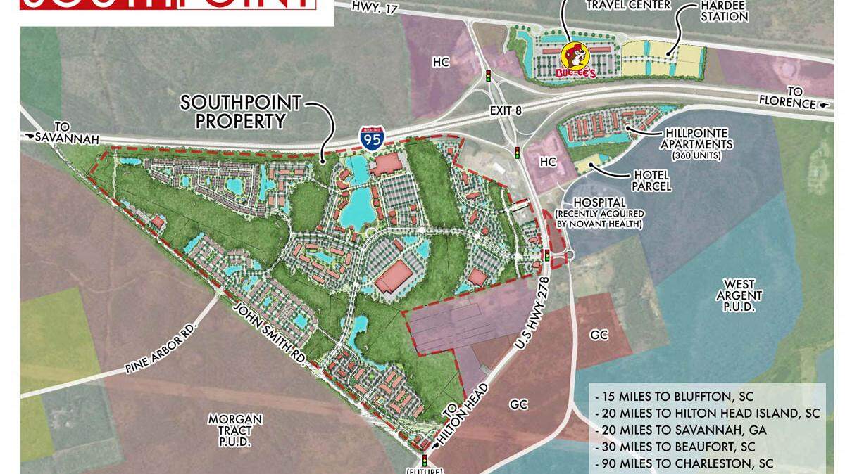 Rendered map of the development off of I-95 at Exit 8 in Hardeeville, SC, as of May 2025 from ROI Consultants