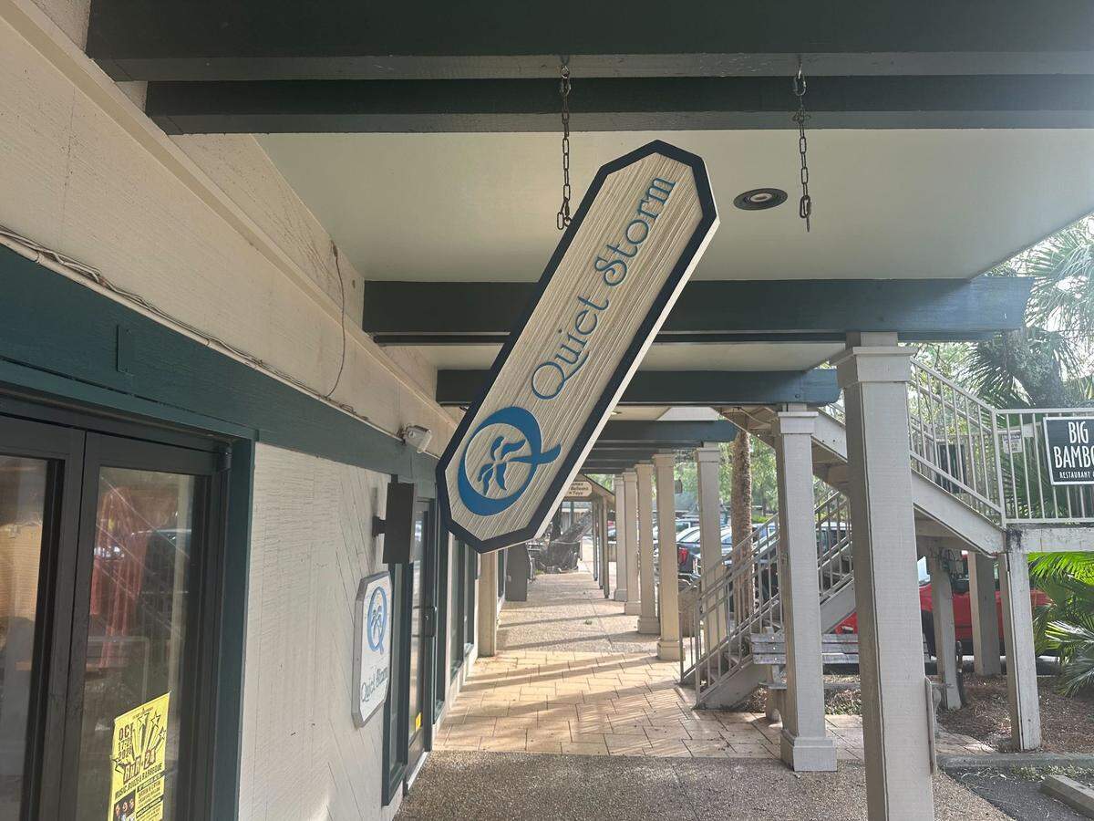 Strong winds from Helene brought minor property damage and scattered debris to Hilton Head Island, including a damaged sign at the Quiet Storm surf shop in the Coligny Plaza Shopping Center.