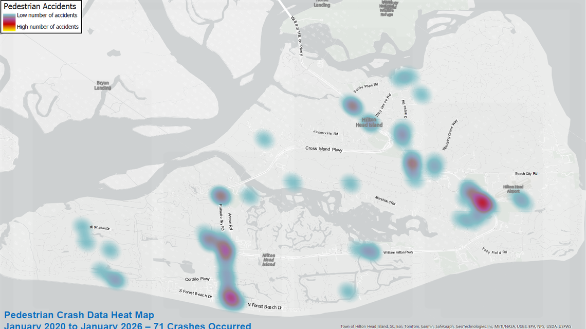 A heat map shows where pedestrian crashes were logged most frequently on Hilton Head between Jan. 2020 and December 2025.