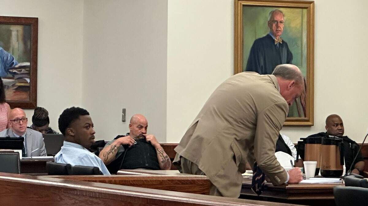 Beaufort defense attorney Scott W. Lee speaks on Friday to Circuit Court Judge R. Ferrell Cothran, Jr. while the jury deliberates on a decision for his client Ty Leic Chaneyfield, who is accused in the March 2021 murder of Bluffton High School football player Dwon “D.J.” Fields. Chaneyfield’s trial ran from Tuesday, Oct. 26 through the following Monday at the Beaufort County Courthouse.