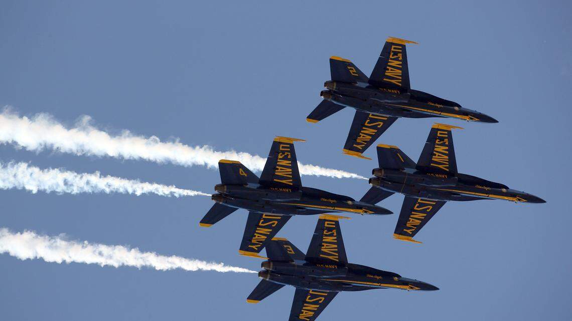 The U.S. Navy Flight Demonstration Squadron, the Blue Angels, practice for the Marine Corps Air Station Beaufort Air Show, April 26. MCAS Beaufort hosts the air show in order to bring the community together and demonstrate U.S. Marine Corps Aviation Combat Element and Marine Air-Ground Task Force capabilities.