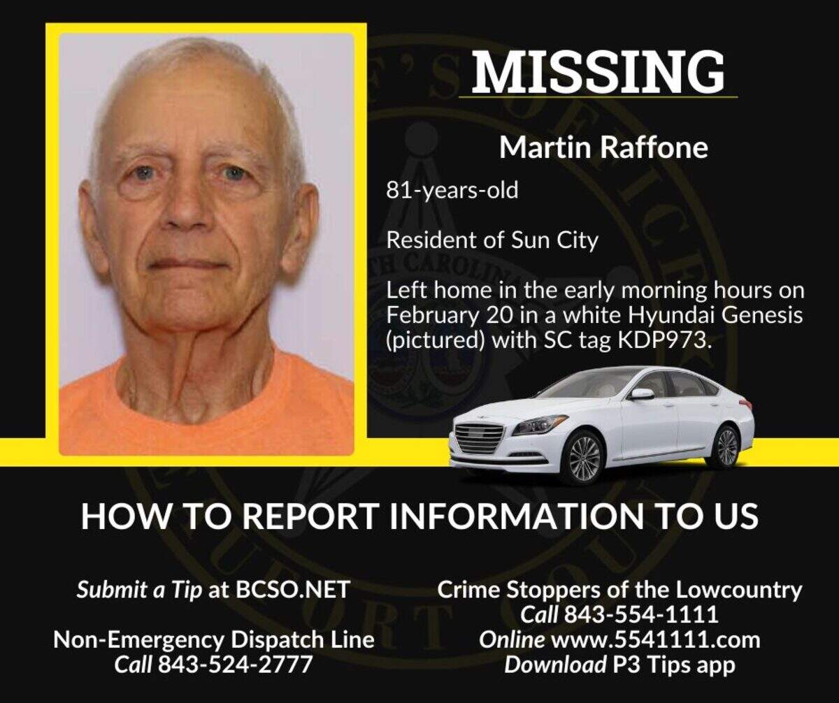 Martin Raffone is considered missing and “endangered” as police from Beaufort and Jasper counties lead the search for the 81-year-old.