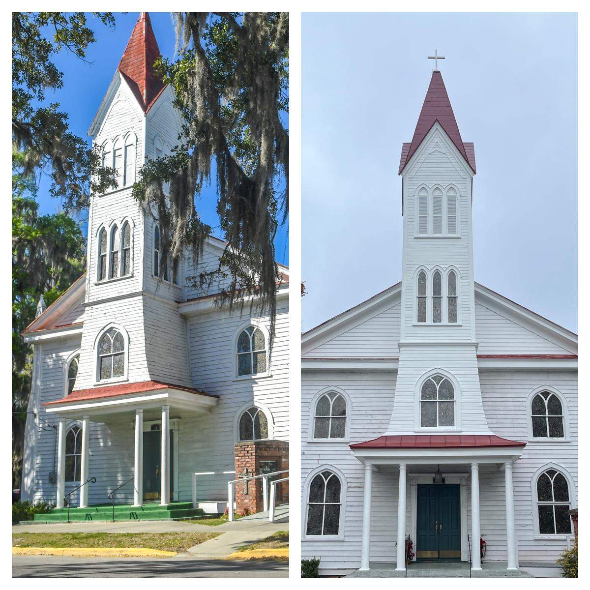 This side-by-side shows the Tabernacle Baptist steeple before the restoration, left (no cross) and after, right.