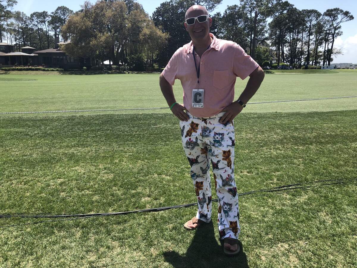 David Wilson's Loudmouth pants are patterned with... yes, you guessed it. Cartoon kittens.