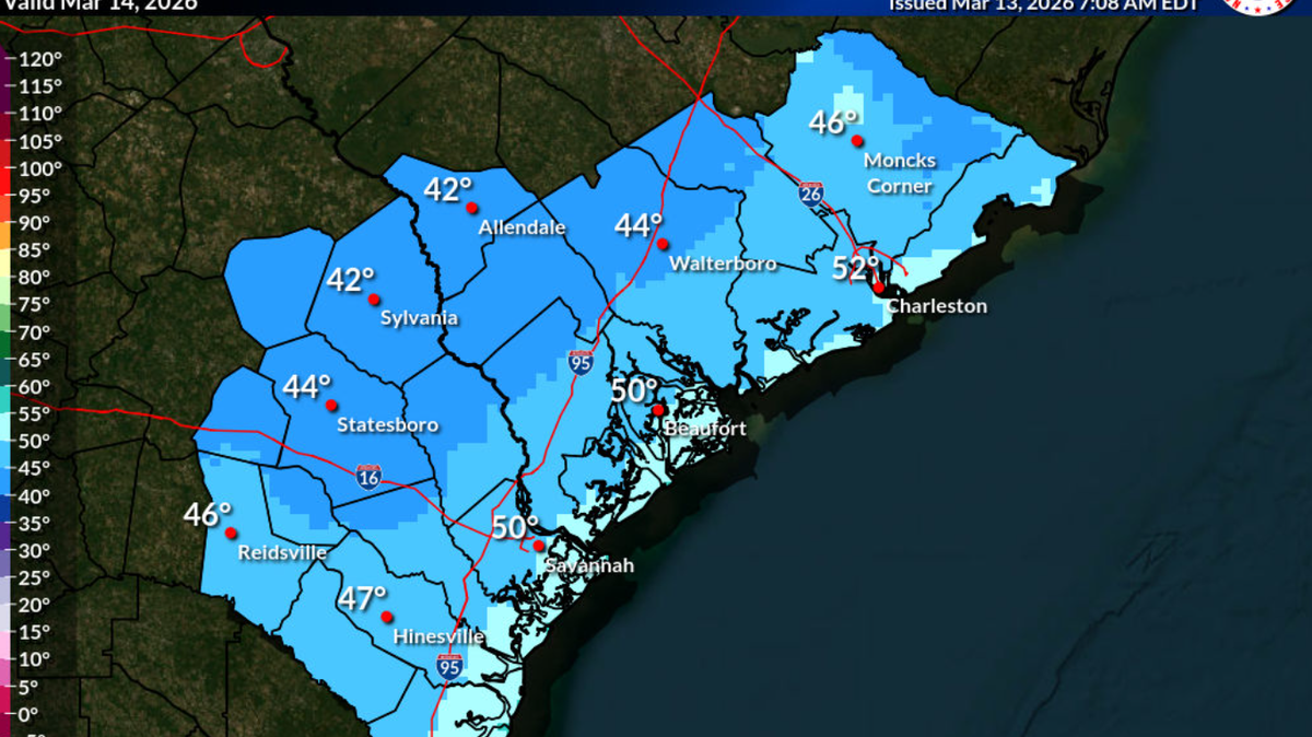This forecast from the National Weather Service Charleston shows projected low temperatures for Saturday morning, March 14, 2026.