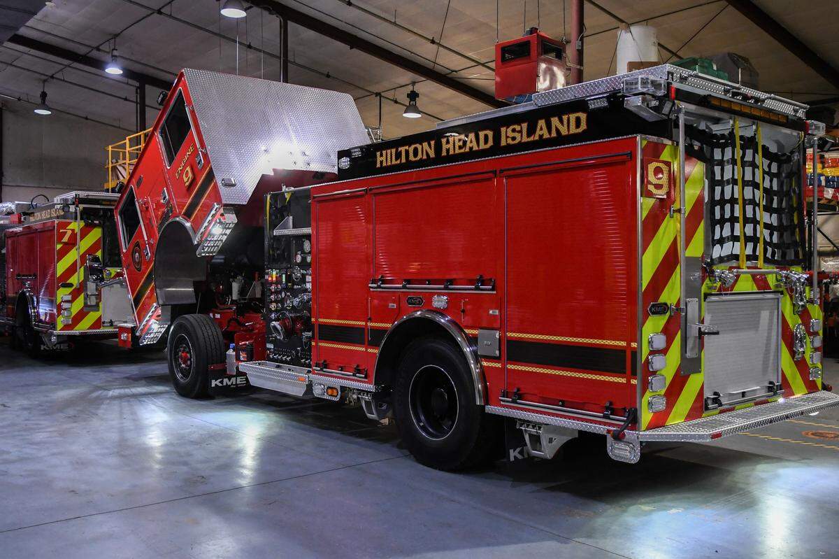 The cab of the custom-designed KME pumper truck is lifted to reach the mechanicals as photographed on Aug. 1, 2024 at Hilton Head Island Fire Rescue’s service bay on Hilton Head.