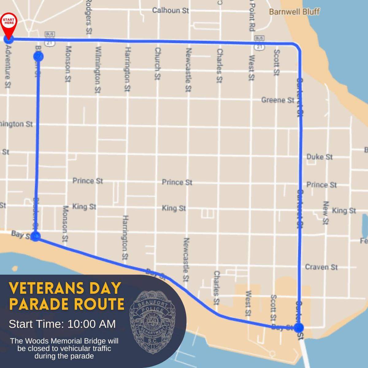 Beaufort police shared this map indicating road closures in the downtown area between approximately 9:45 a.m. and noon on Nov. 11, 2025, for the city’s annual Veterans Day parade.