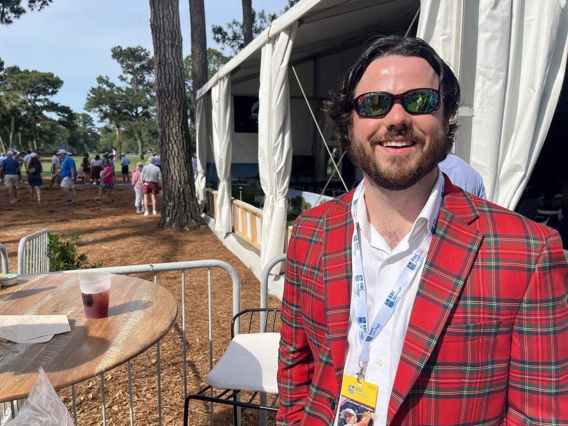 Paul Glenn of Atlanta sports a plaid sports coat at Plaid Nation day at the RBC Heritage.