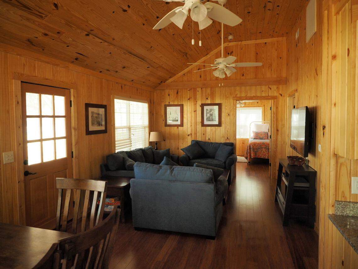 Hunting Island State Park cabin living room looking into the bedroom.