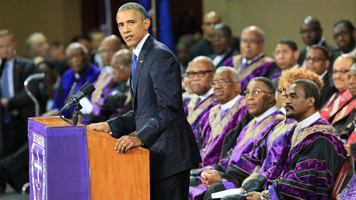 President Barack Obama delivers the eulogy for SC Sen. Clementa Pinckney at TD Arena in Charleston on June 26, 2015. Pinckney was among nine people slain June 17 at Emanuel AME Church nearby as they participated in a Bible study.