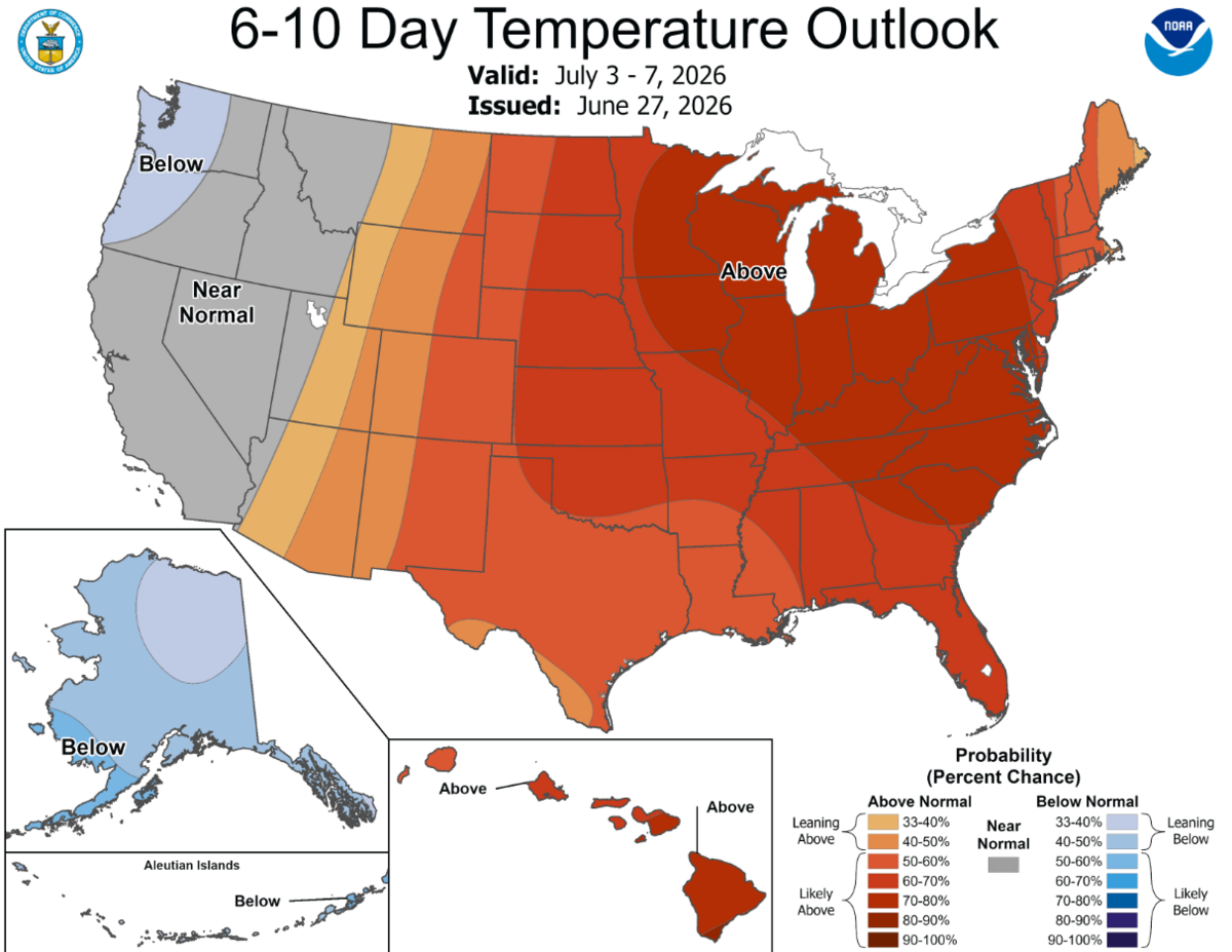 A heat dome looming over the eastern U.S. is bringing higher-than-average temperatures to South Carolina in late June and early July 2026.