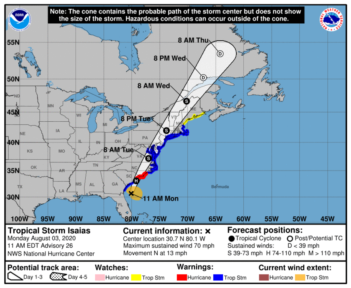 The 11 a.m. projection for Tropical Storm Isaias on Aug. 3.