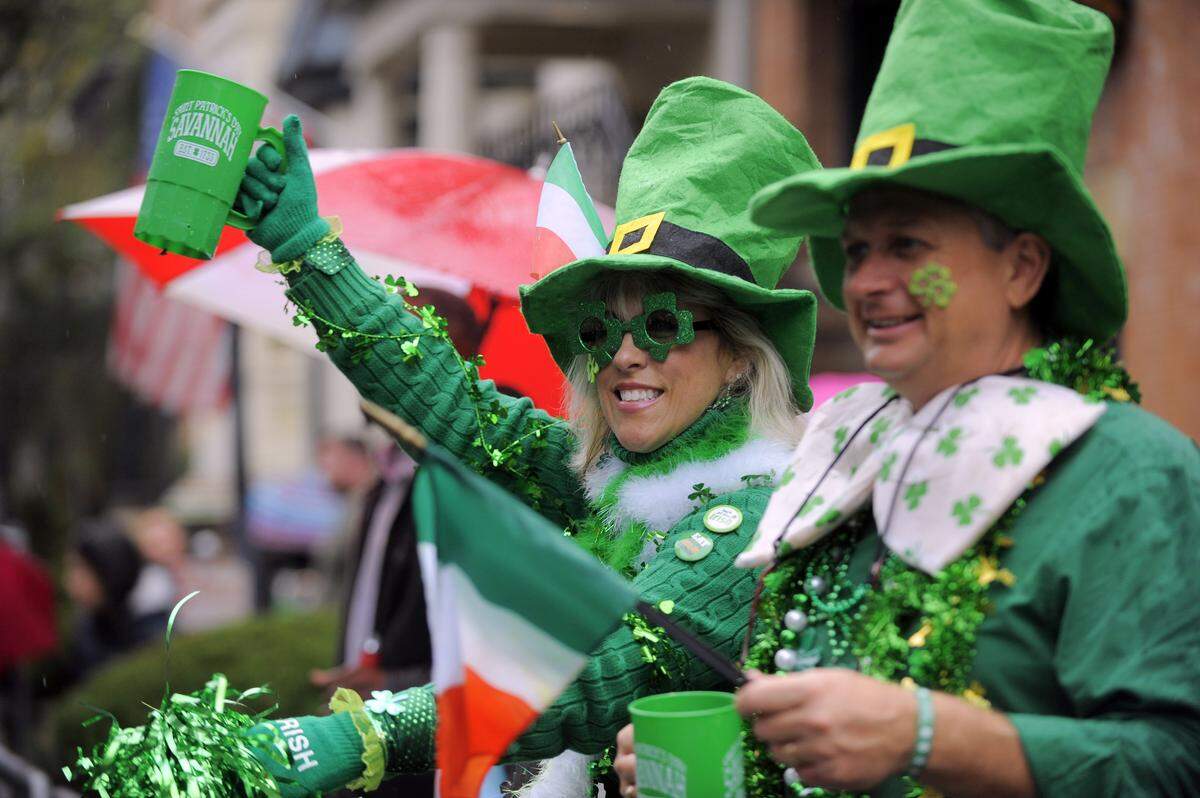 Kelley Nolan and her husband Ken Myers dress the part during the 2014 Savannah St. Patrick’s Day parade.