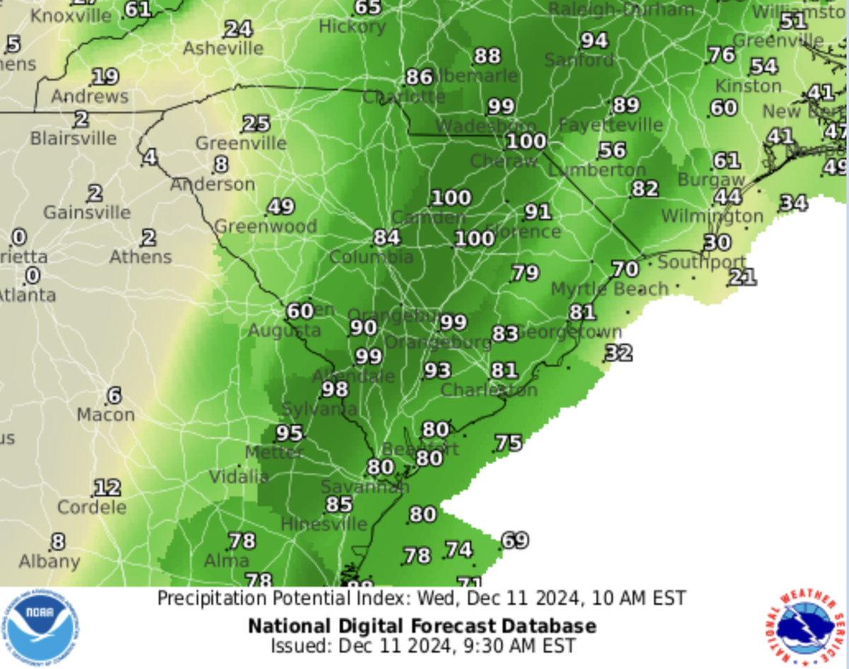 Rainstorms will cover nearly all of South Carolina beginning 10 a.m. Wednesday as a cold front drives moves into the Hilton Head Island area. Daytime temperatures are expected to rebound into the 60s and 70s by Saturday.