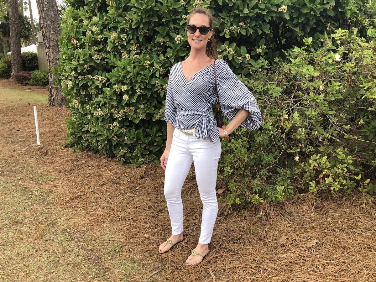 A lifelong Hilton Head vacationer, Kristen Fazio visited from New Jersey and wore white jeans and a Club Monaco gingham shirt with puff sleeves.