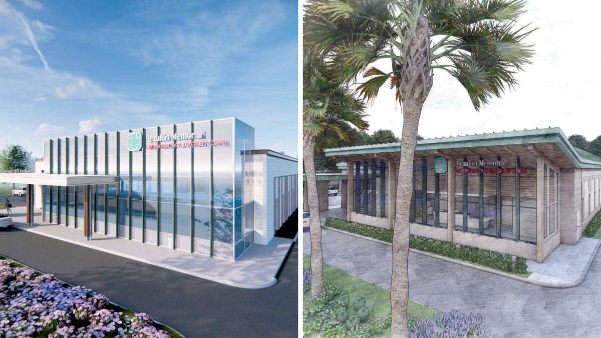 The initial proposed architectural rendering of the Beaufort Memorial emergency and urgent care facility is shown on the left, while the approved design, revised to fit the “Island Character,” is shown on the right.
