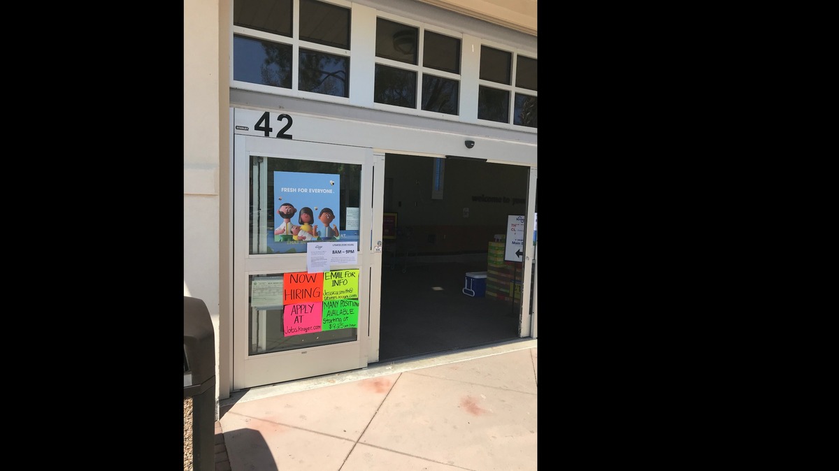 Sign at Hilton Head Kroger supermarket encouraging part-time workers to apply for jobs.
