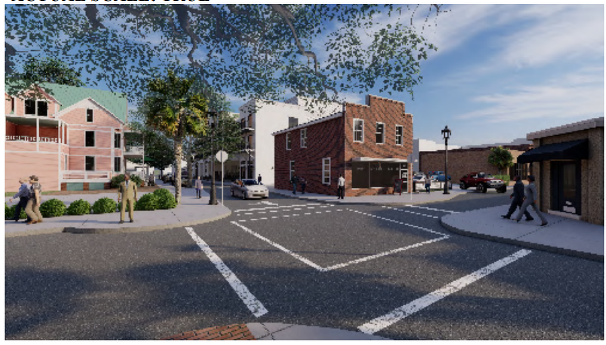 This is a rendering of the actual scale of a proposed hotel and surrounding buildings 303 Associates is proposing in downtown Beaufort. The proposed hotel is behind the brick building.