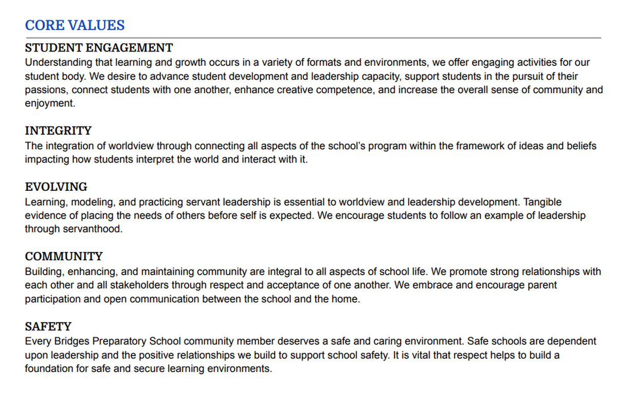 The second version of Bridges Preparatory School’s 2023-34 public handbook does not cite bible verses.
