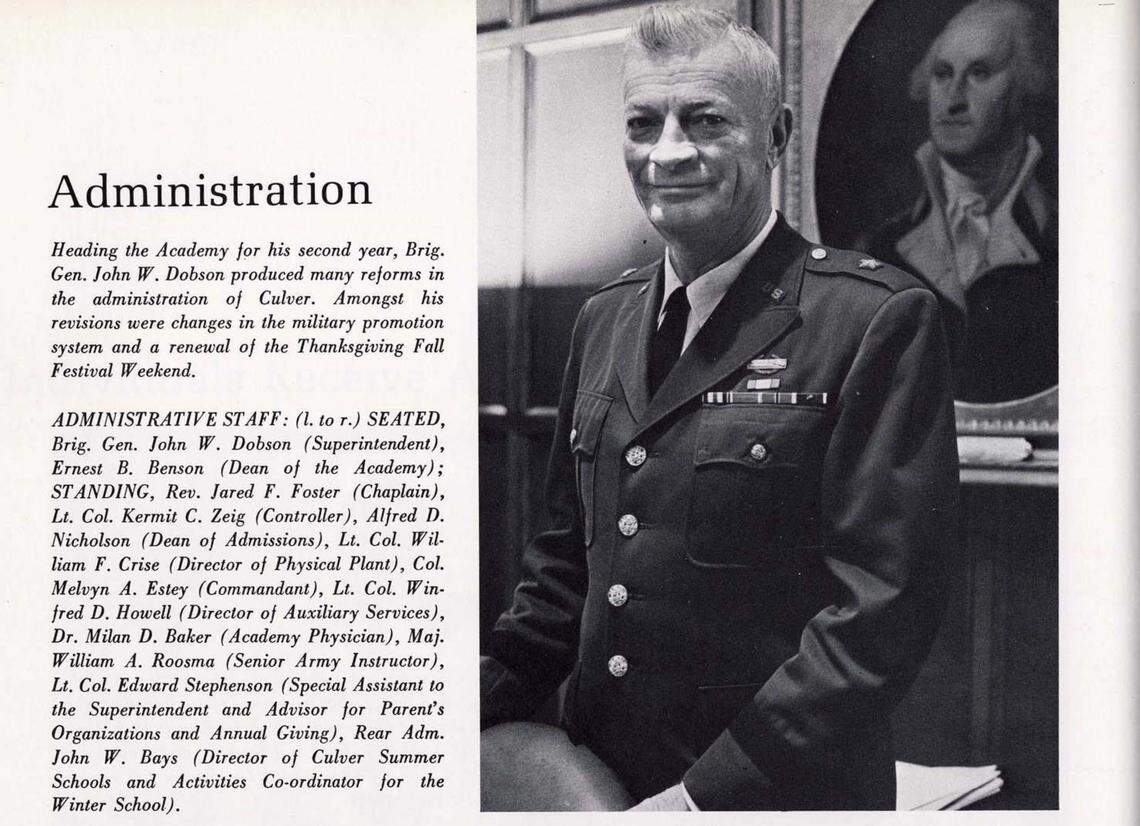A screen shot of Brig. Gen. John W. “Jack” Dobson as pictured in The Culver Roll Call yearbook from the 1968-1969 school year. Drew Mills Dobson’s father was the superintendent of Culver Military Academy in Culver, Indiana, between his service in the U.S. Army and retiring to Hilton Head Island.